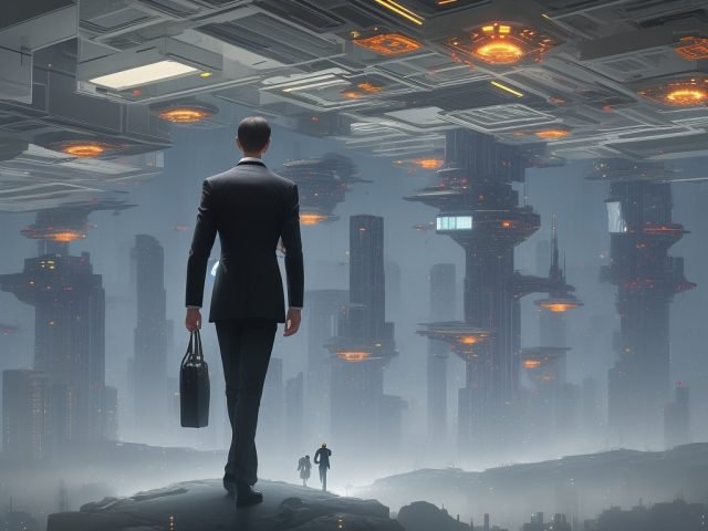 DreamShaper_v7_Shadowy_faceless_humans_in_suits_hover_above_a_1